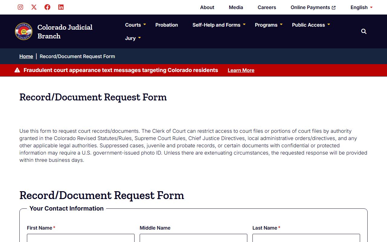 Colorado court record request form for Sedgwick County criminal records