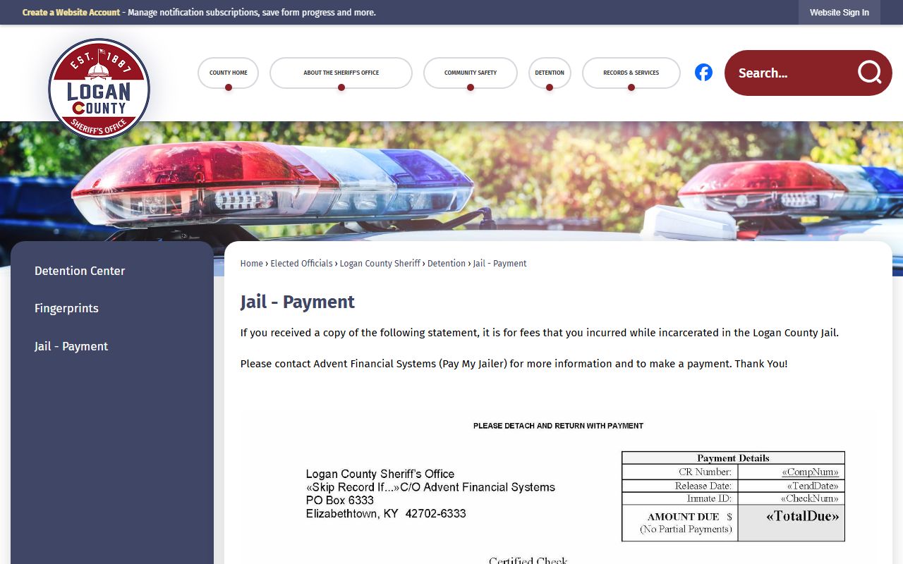 Logan County Detention Center jail payment page for inmate fees