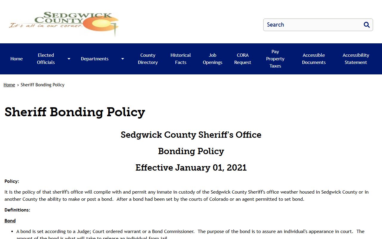 Sedgwick County Jail bonding policy for sheriff custody